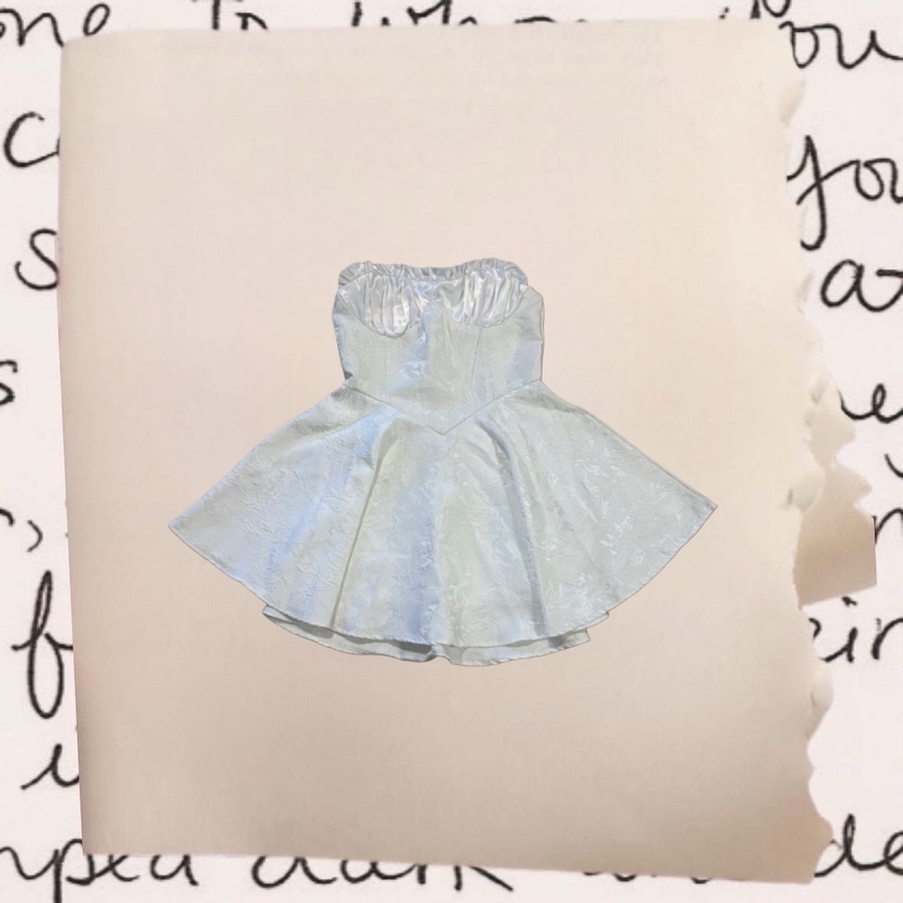 strapless ruffle satin floral embroidered mini dress